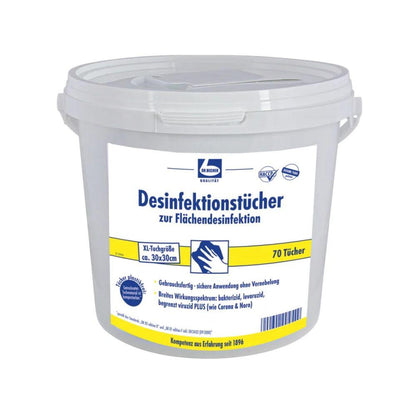 The Dr. Becher disinfectant wipes for surface disinfection from Dr. Becher GmbH are delivered in a white container with a blue-yellow label that indicates the residue-free disinfection of surfaces. The container holds 70 wipes of 30 x 30 cm each and features a practical lid and carrying handle.