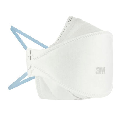 A 3M™ Aura™ Comfort Particulate Respirator 9320+ FFP2, without valve, from 3M Deutschland GmbH is seen in profile against a white background. The white mask with blue bands shows visible seams and is designed for protective applications.