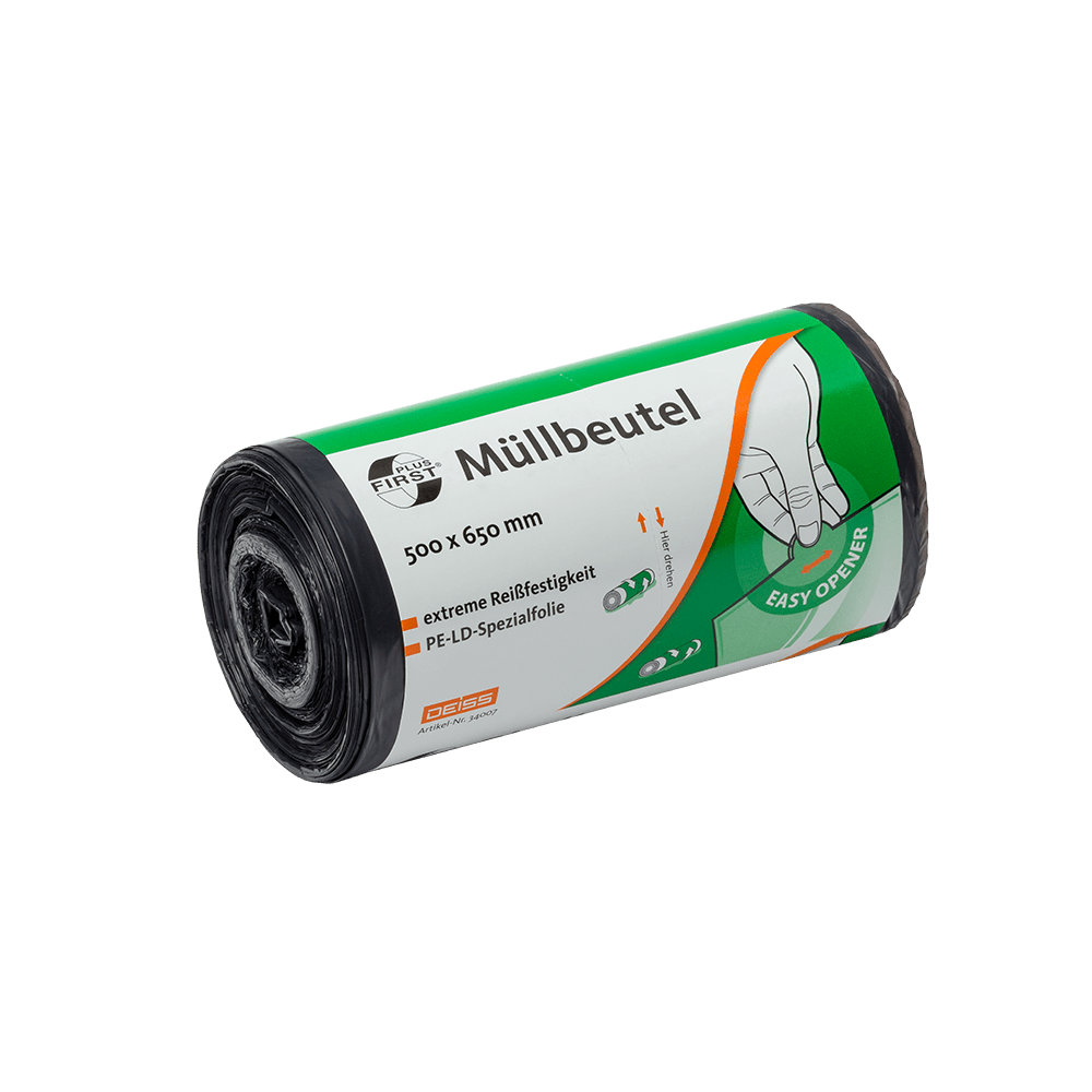 The EMIL DEISS KG (GmbH + Co.) DEISS 34007 trash bags, 500x650 mm gray, roll of 50 pieces, ideal for office supplies. The gray roll features a hand graphic and an "easy opener" symbol for easy opening.