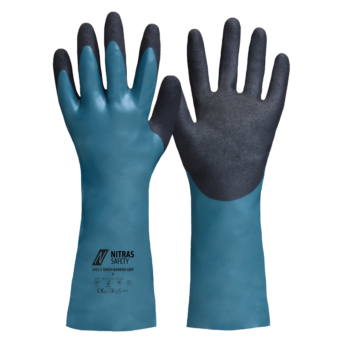 NITRAS GREEN BARRIER GRIP, chemical protection gloves, petrol / black