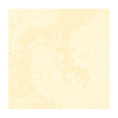 A square-patterned Dunilin® napkin in the size 40 x 40 cm from Duni GmbH shows a light yellow background with intricate floral and leaf designs in a slightly darker shade of yellow, offering a subtly decorative effect, ideal for elegant disposable napkins for festive occasions.