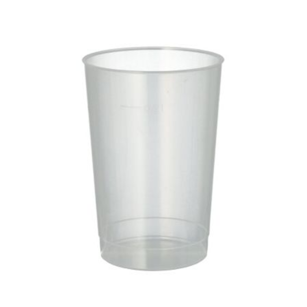 A Starpak 40 reusable drinking cup made of translucent, unbreakable polypropylene stands upright against a plain white background.