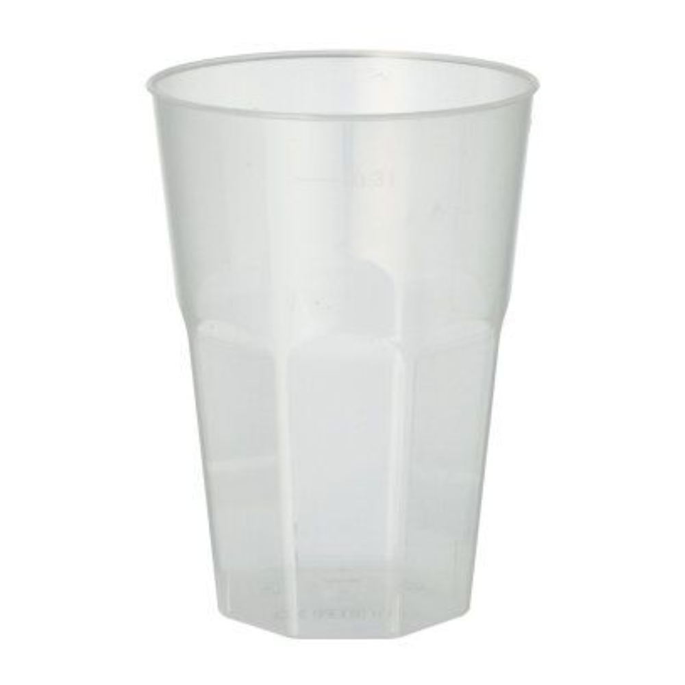 The Starpak reusable plastic cup is a translucent, unbreakable plastic cup with a hexagonal base and a cylindrical lid, standing empty against a plain white background.