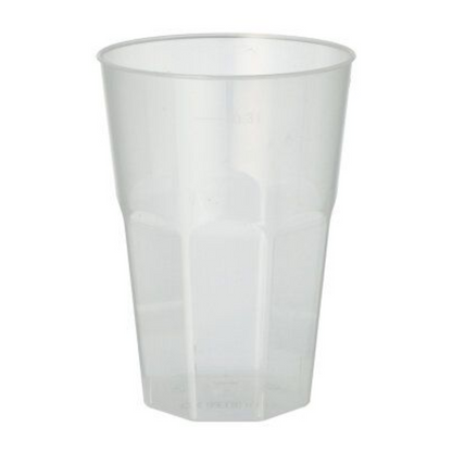 The Starpak reusable plastic cup is a translucent, unbreakable plastic cup with a hexagonal base and a cylindrical lid, standing empty against a plain white background.