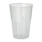 The Starpak reusable plastic cup is a translucent, unbreakable plastic cup with a hexagonal base and a cylindrical lid, standing empty against a plain white background.