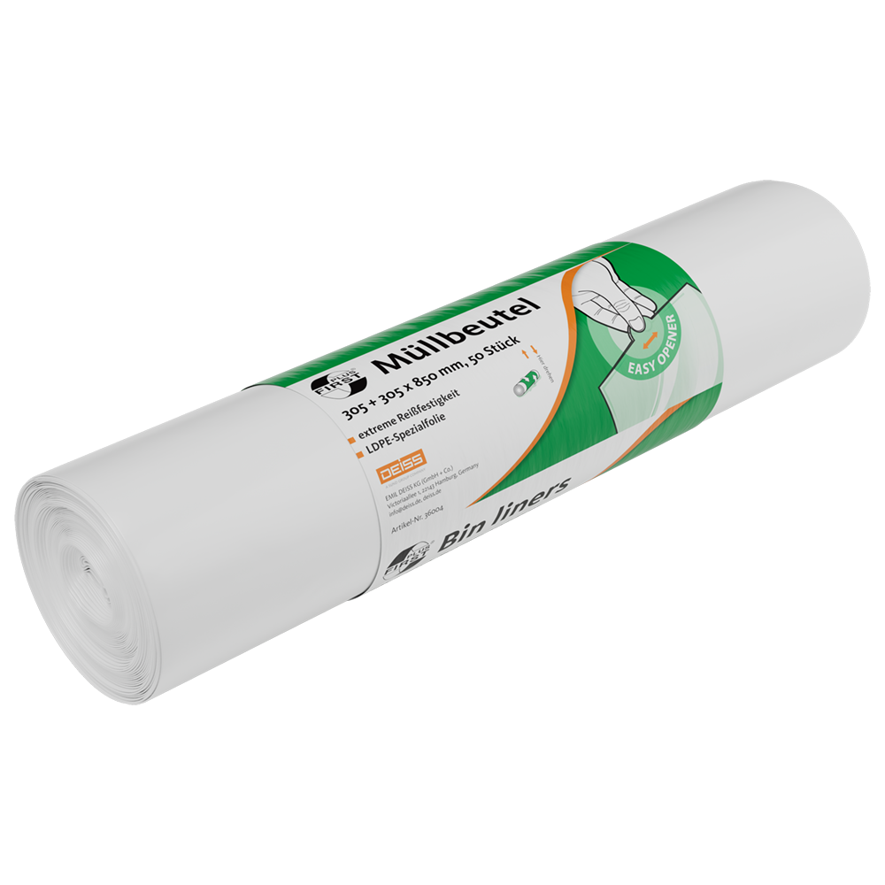 Eine Rolle weißer Müllbeutel DEISS 36004 der EMIL DEISS KG (GmbH + Co.), beschriftet in Deutsch und Englisch mit einer Hand, die einen Beutel zieht und dem Text "Easy opening". Enthält 50 Beutel mit den Maßen 305+305x850 mm.