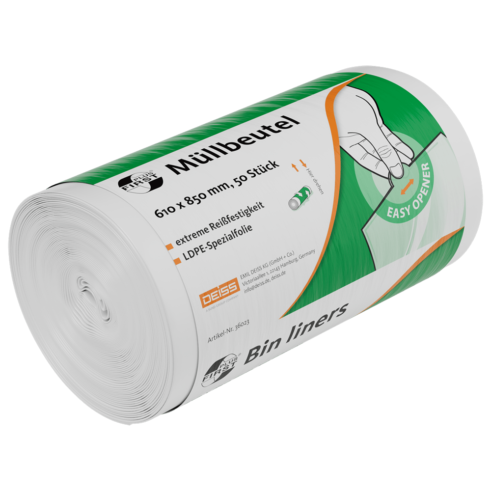 A roll of EMIL DEISS KG (GmbH + Co.) DEISS 36023 garbage bags (610x850 mm, white, 50 pieces) in robust packaging with German/English text. They are easy to open, extremely tear-resistant, and equipped with LDPE special film.