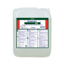 Ein 10-Liter-Kanister Dr. Schnell PEROTEX EK Entkalker für gewerbliche Spülmaschinen und Küchenhygiene von DR.SCHNELL, mit einem mehrfarbigen deutschen Etikett mit Produktangaben und Hinweisen auf der Vorderseite.