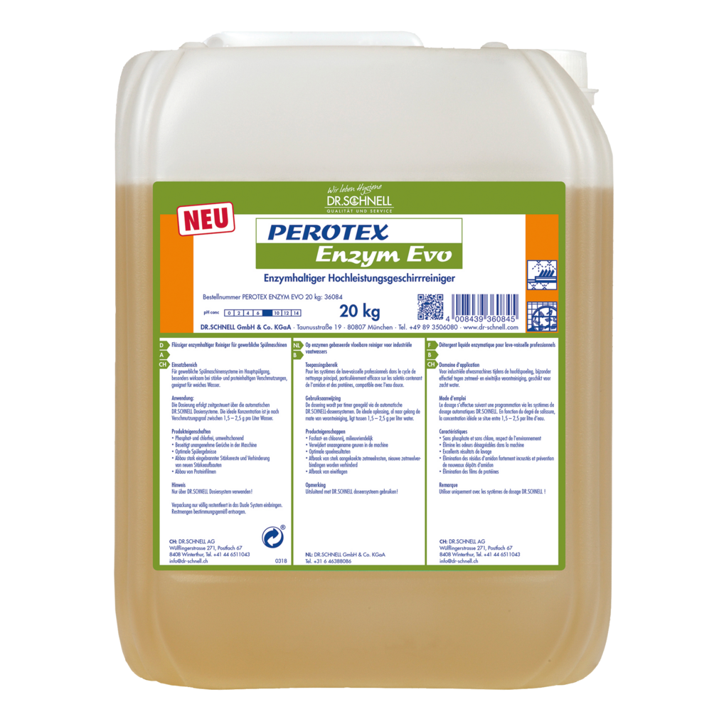 Ein 20 kg Gebinde Dr. Schnell PEROTEX ENZYM EVO von DR.SCHNELL GmbH & Co. KGaA, einem enzymatischen Reiniger für den professionellen Einsatz, mit Produktangaben und Anweisungen auf einem weißen Etikett mit blauer und grüner Schrift.