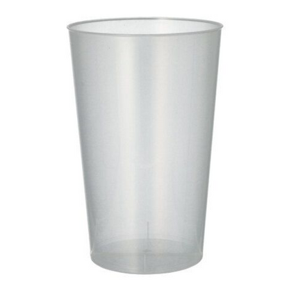 A Starpak reusable plastic cup made of transparent plastic with a smooth surface and slightly conical shape stands upright against a plain white background.