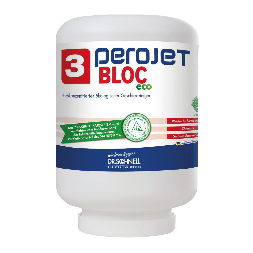 Eine weiße 4 kg Kartusche mit der Aufschrift "Dr. Schnell PEROJET BLOC 3 ECO Geschirrreiniger für gewerbliche Spülmaschinen, ökologisch" der DR.SCHNELL GmbH & Co. KGaA ist auf der Vorderseite mit ökologischen Prüfsiegeln versehen.