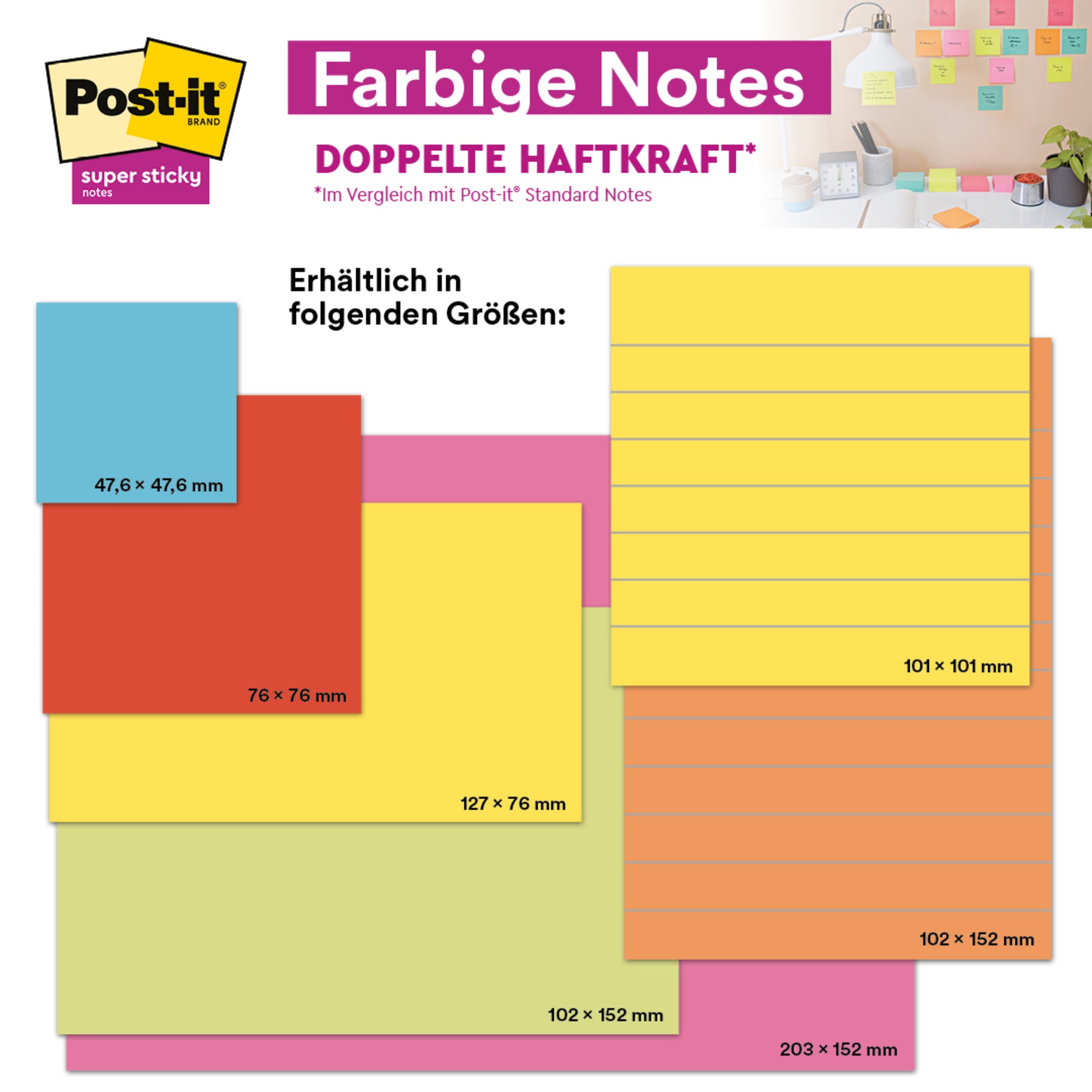 Eine Grafik zeigt die 3M Post-it® Super Sticky Notes im Großformat in Ultra Gelb (101 mm x 152 mm, 90 Blatt/Block, PEFC-zertifiziert). Rechts oben ist ein Büro mit Zetteln an der Wand zu sehen. Der Text ist auf Deutsch.