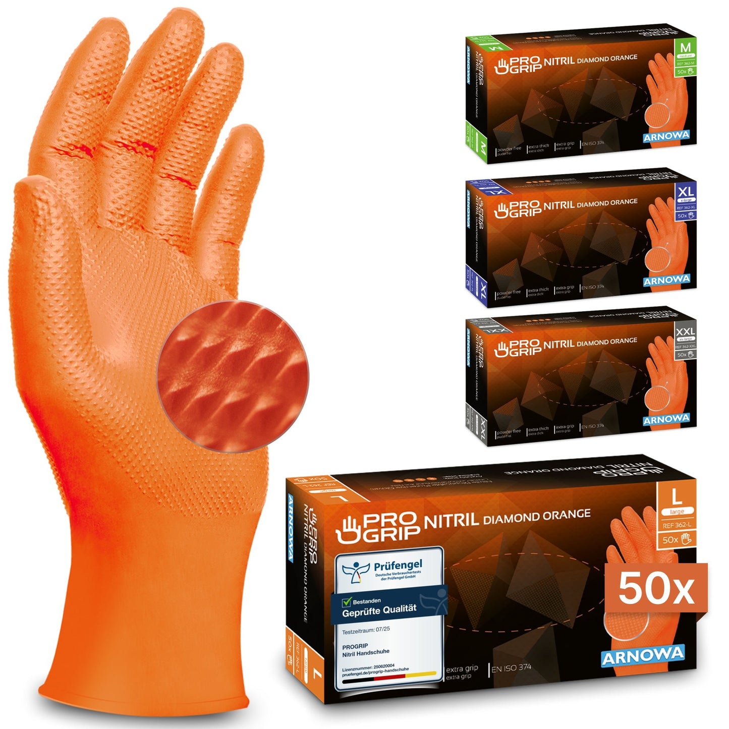 An upright PROGRIP NITRIL DIAMOND ORANGE disposable glove from ARNOWA GmbH with diamond texture is visible. Next to it are four boxes for sizes M, L (50x), XL, and XXL.
