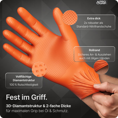 A hand wears ARNOWA GmbH PROGRIP NITRIL DIAMOND ORANGE disposable gloves with extra thick, tear-resistant nitrile, full diamond texture for grip, and rolled edge for easy removal, even with oily hands.