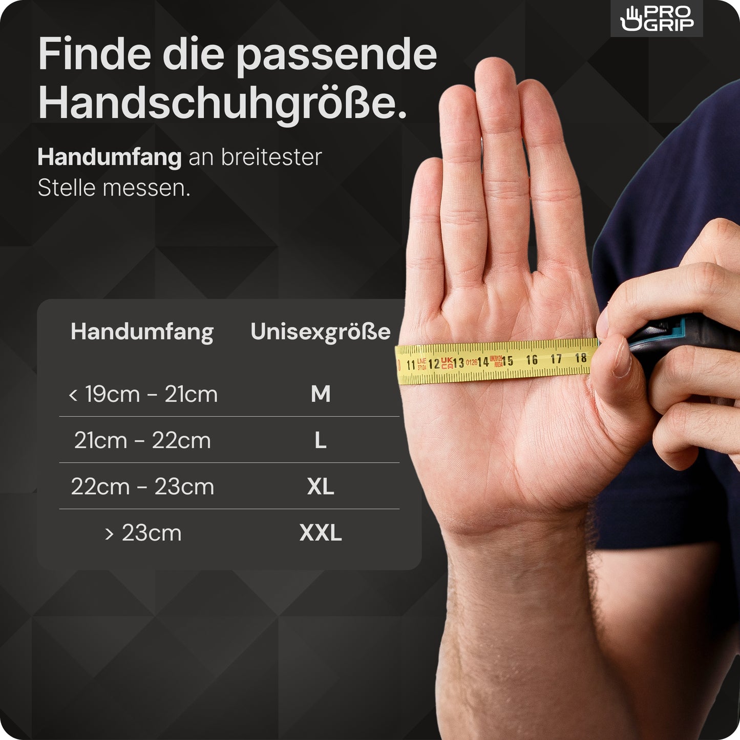 A person measures their hand with a yellow tape for size determination of ARNOWA GmbH PROGRIP NITRIL DIAMOND ORANGE disposable gloves. A chart lists M, L, XL, XXL hand circumferences; measure at the widest point for the best fit of these tear-resistant nitrile gloves.