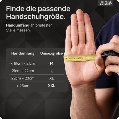 A person measures their hand with a yellow tape for size determination of ARNOWA GmbH PROGRIP NITRIL DIAMOND ORANGE disposable gloves. A chart lists M, L, XL, XXL hand circumferences; measure at the widest point for the best fit of these tear-resistant nitrile gloves.