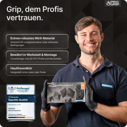 A man in a dark polo and gloves holds a box of PROGRIP NITRIL DIAMOND ORANGE from ARNOWA GmbH. The text highlights the tear-resistant diamond texture of the orange nitrile gloves for durability, workshop suitability, and skin-friendliness. A certification badge is depicted.