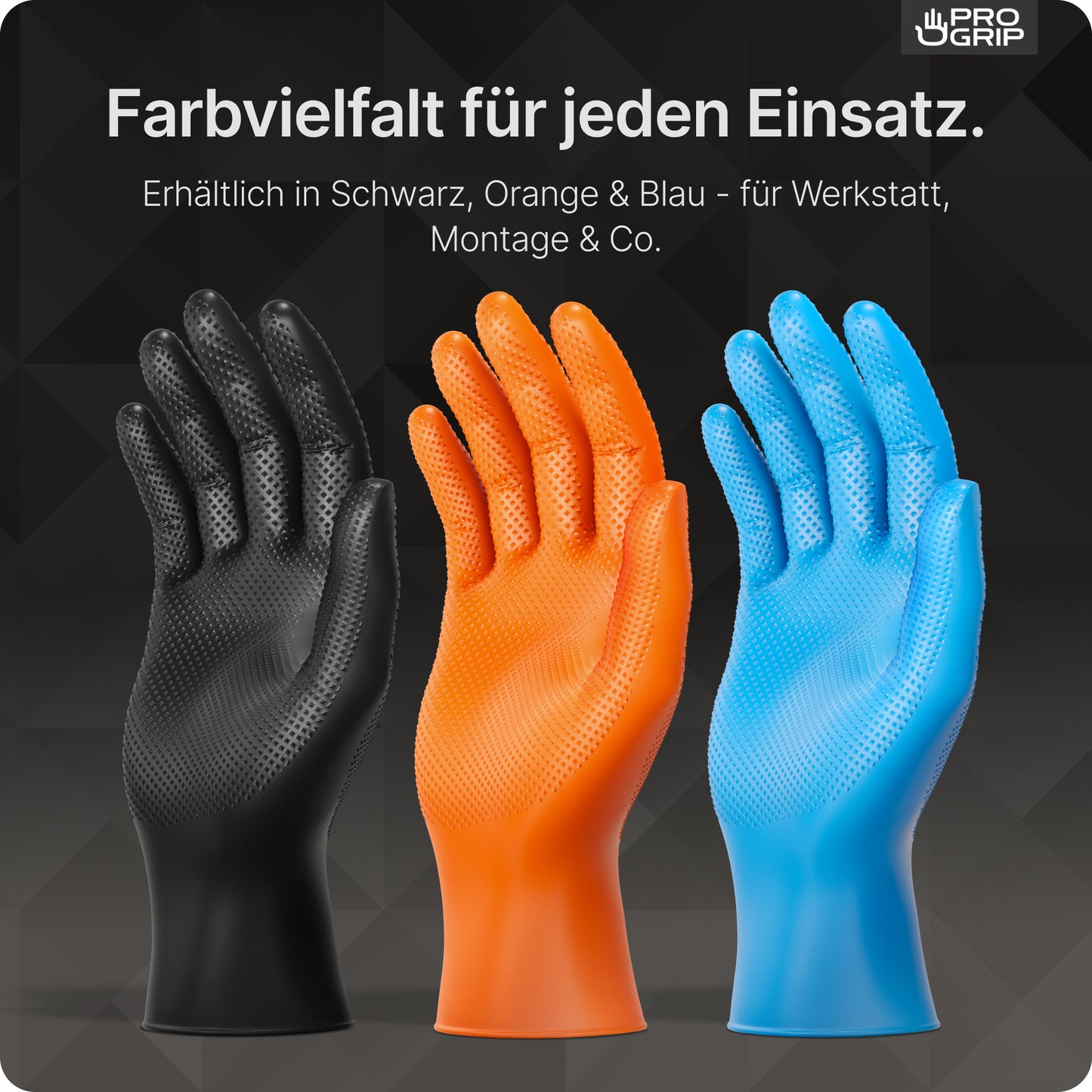 The PROGRIP NITRIL DIAMOND ORANGE from ARNOWA GmbH - tear-resistant, diamond-shaped nitrile gloves in orange - stand upright against a dark background, with German text indicating their color and workshop/mounting suitability.
