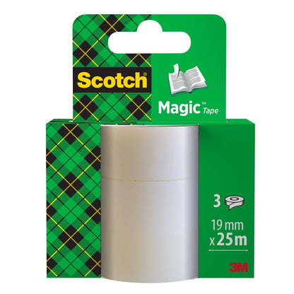 3M Deutschland GmbH offers the Scotch® Magic™ Invisible Tape 8-1925R3 as a refill pack with three rolls of 19 mm x 25 m in green plaid design and visible branding on the packaging.