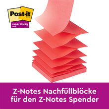 Ein Stapel gelber Post-it® Super Sticky Z-Notes (76 x 76 mm, 90 Blatt/Block) der 3M Deutschland GmbH ist aufgefächert dargestellt. Der deutsche Text lautet: "Z-Notes Nachfüllblöcke für den Z-Notes Spender". Packung mit 20+4 gratis, PEFC-zertifiziert.