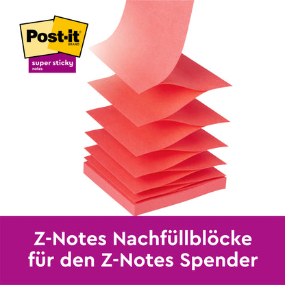 Ein Stapel Post-it® Super Sticky Z-Notes (76x76 mm, verschiedene Farben, 20+4 Gratis/Packung) von 3M Deutschland GmbH ist über ein lila Banner mit "Z-Notes Nachfüllblöcke für den Z-Note-Spender" fächerförmig angeordnet.