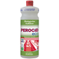 Eine Flasche Dr. Schnell PEROCID ECO Kalklöser für Oberflächen der DR.SCHNELL GmbH & Co. KGaA, mit grün-weißem Etikett mit Zertifizierungen, rotem Küchenmotiv, rotem Verschluss und blauer "100% recycled"-Marke oben.