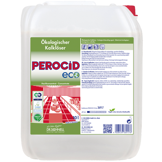 Ein großer weißer Behälter mit rotem Deckel und der Aufschrift "Dr. Schnell PEROCID ECO Kalklöser für Oberflächen" der DR.SCHNELL GmbH & Co. KGaA, mit deutschem Text und umweltfreundlichen Reinigungssymbolen, ideal für die Oberflächenentkalkung.