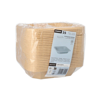 A stack of 25 Starpak lunch boxes, square cardboard, is wrapped in clear plastic and has a label on the front with product details and an image of a single container.