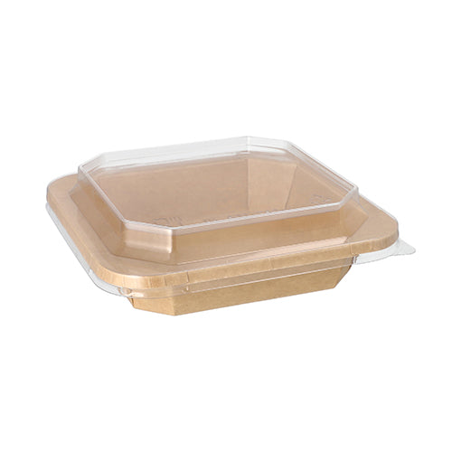 Die Starpak 25 Lunchboxen aus brauner Pappe, eckig mit leicht abgerundeten Ecken und klarem Plastikdeckel, stehen auf schlichtem weißem Hintergrund.