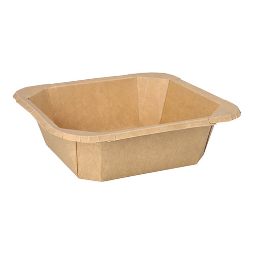 The Starpak 25 lunch boxes, square cardboard, are a simple, brown, square disposable bowl with slightly flared sides and a flat bottom - perfect for eco-friendly lunches. Photographed against a white background.