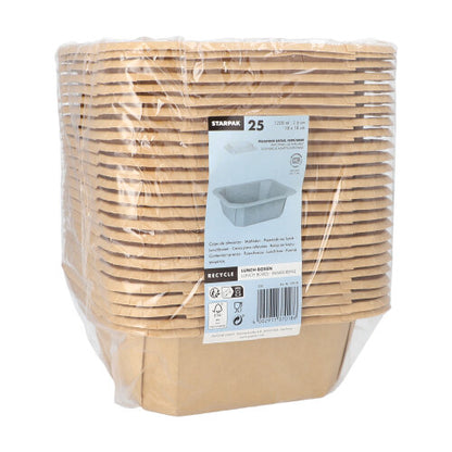 Pictured is a stack of Starpak 25 lunch boxes, square cardboard, wrapped in plastic wrap. On the front is a white label with the Starpak brand, product details, barcode, recycling symbols, and an image of an open box.