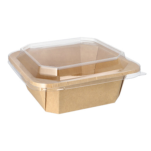 The Starpak 25 lunch boxes made of eco-friendly, brown cardboard with a transparent plastic lid are presented here empty, closed, and against a white background.