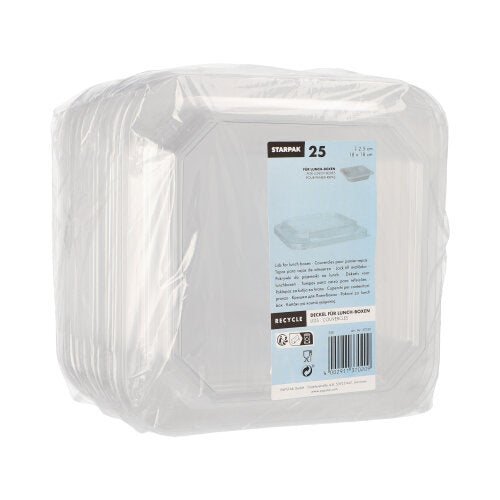 A stack of 25 transparent, square PET lids for lunchboxes from Starpak is delivered in a clear package with a label containing product information, the brand name "Starpak" and recycling instructions.