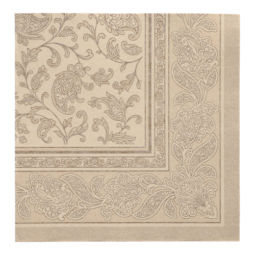 The PAPSTAR 50 napkins "ROYAL Collection" 1/4-fold 40 x 40 cm in sand by PAPSTAR GmbH have an elegant paisley and floral border - ideal for high-quality napkins.