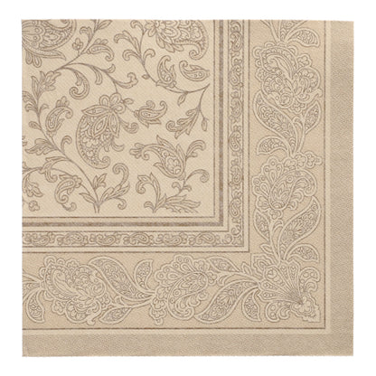 The PAPSTAR 50 napkins "ROYAL Collection" 1/4-fold 40 x 40 cm in sand by PAPSTAR GmbH have an elegant paisley and floral border - ideal for high-quality napkins.