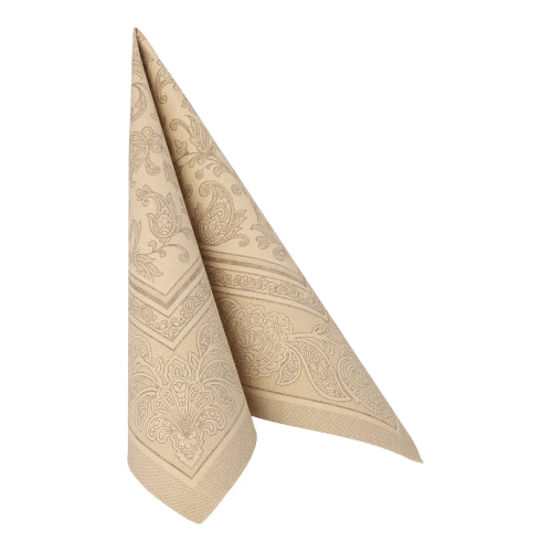 The sand-colored napkin PAPSTAR 50 napkins "ROYAL Collection" 1/4-fold 40 x 40 cm by PAPSTAR GmbH is folded into a triangle and stands upright against a white background.
