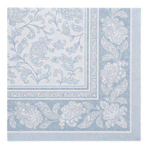 The PAPSTAR 50 napkins "ROYAL Collection" (40 x 40 cm, blue) from PAPSTAR GmbH feature an elaborate blue and white paisley and floral design with a decorative border that adds elegance to any set table.