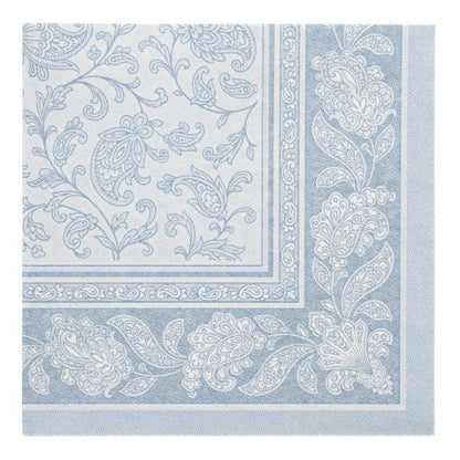 The PAPSTAR 50 napkins "ROYAL Collection" (40 x 40 cm, blue) from PAPSTAR GmbH feature an elaborate blue and white paisley and floral design with a decorative border that adds elegance to any set table.