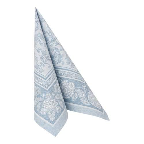 A blue, patterned napkin from the "ROYAL Collection" of PAPSTAR GmbH (40 x 40 cm, 1/4 fold) is folded upright and features paisley and floral patterns.