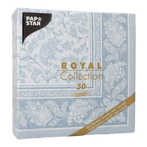 A square pack of PAPSTAR GmbH 50 napkins "ROYAL Collection" 1/4 fold 40 x 40 cm blue, with light blue and white paisley pattern, golden lettering, and a label for luxurious paper napkins.