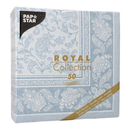A square pack of PAPSTAR GmbH 50 napkins "ROYAL Collection" 1/4 fold 40 x 40 cm blue, with light blue and white paisley pattern, golden lettering, and a label for luxurious paper napkins.