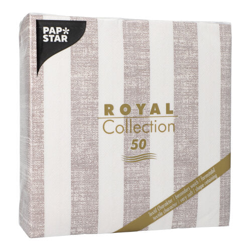 A pack of PAPSTAR 50 napkins "ROYAL Collection" 1/4-fold 40 x 40 cm mocca from PAPSTAR GmbH contains 50 napkins in mocca design, with the product name and quantity printed in gold on the front.