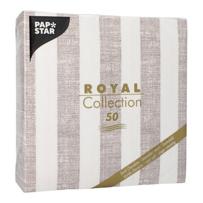 A pack of PAPSTAR 50 napkins "ROYAL Collection" 1/4-fold 40 x 40 cm mocca from PAPSTAR GmbH contains 50 napkins in mocca design, with the product name and quantity printed in gold on the front.