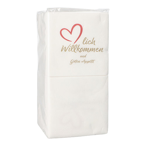 A pack of PAPSTAR 125 napkins, 2-ply "PUNTO", 1/4-fold (20x20 cm, micro-embossed) from PAPSTAR GmbH – adorned with a red heart and the inscription "Welcome and Enjoy Your Meal", perfect for special occasions.