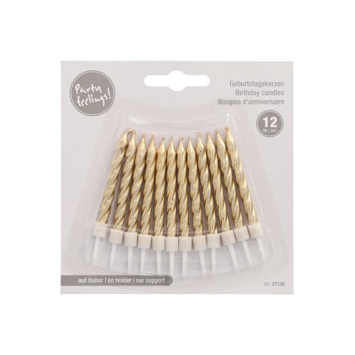 A pack of 12 PAPSTAR birthday candles (6 cm) with holders from PAPSTAR GmbH, gold-white spiral candles in a plastic package with the inscription "Party feelings!" and "Birthday candles" in several languages.