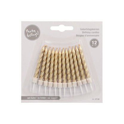A pack of 12 PAPSTAR birthday candles (6 cm) with holders from PAPSTAR GmbH, gold-white spiral candles in a plastic package with the inscription "Party feelings!" and "Birthday candles" in several languages.