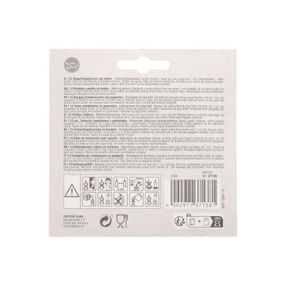 Back of the PAPSTAR GmbH 12 birthday candles on holder 6 cm retail packaging with safety and warning instructions in several languages, safety symbols, barcode, recycling symbols, and a hanging tab at the top.