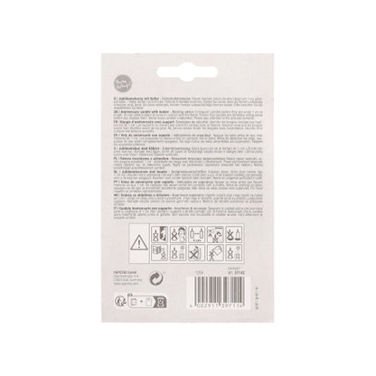 Rückansicht der PAPSTAR Jubiläumskerzen mit Halter 7 cm "gold" Verpackung von PAPSTAR GmbH mit mehrsprachiger Anleitung, Sicherheitssymbolen und einem Barcode in der rechten unteren Ecke. Perfekt für Feiern.