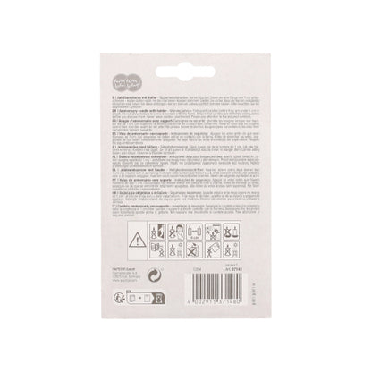 Die Verpackung der PAPSTAR Jubiläumskerzen mit Halter 7 cm "gold" (by PAPSTAR GmbH) ist mit mehrsprachigem Text, Sicherheitssymbolen und einem Barcode am unteren Rand versehen. Oben in der Mitte befindet sich ein Aufhängeloch. Der meiste Text ist klein und nicht gut lesbar.