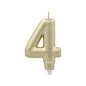 Die PAPSTAR GmbH Zahlenkerze mit Halter 7 cm "gold" ist eine gold-metallische Zahlenkerze (4) mit weißem Docht und Kunststoffsockel, abgebildet auf einem schlichten weißen Hintergrund.